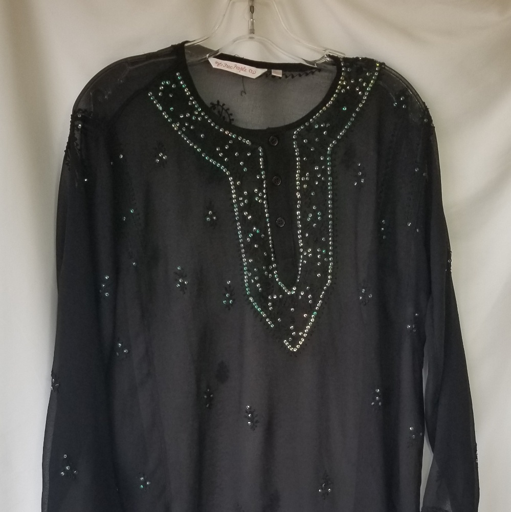 Free People  Sheer Black Tunic w/ green sequins M